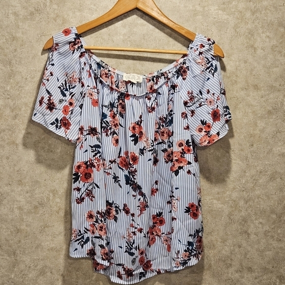 Pink Rose Size Large Floral Elastic Square Neck Short Sleeve Women's Top - Picture 1 of 8